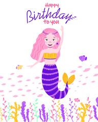 Vector illustration of a birthday greeting from a mermaid