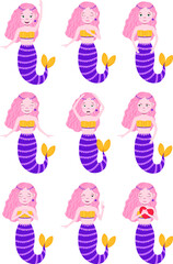 Mermaid emotions isolated vector illustration set