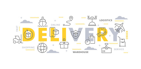 Online delivery service concept. Vector illustration of parcel delivery and shipping, order tracking, logistics with icons and text for app, web design, marketing, banner. Fast delivery service