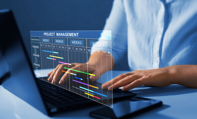 Business Project Management System.Project manager working on laptop and updating tasks and...
