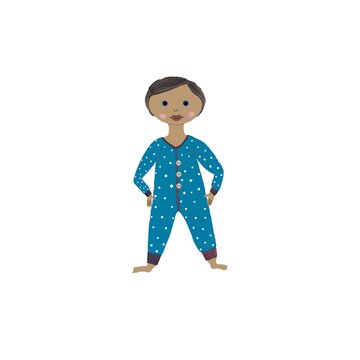 Illustration with cute children in blue pajama. Print with staying baby with brown hairs on white background. For kids design, textile, books, logos, wallpapers.