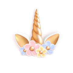Unicorn horn, ears and flowers, vector cartoon illustration isolated on white background. © mything