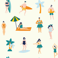 Summer background with people on the beach in the flat style