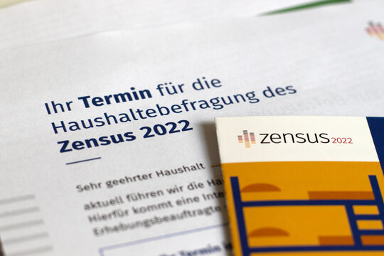 Berlin, Germany- July 06.2022: Detail of the notification of dates for the 2022 census survey and information brochure