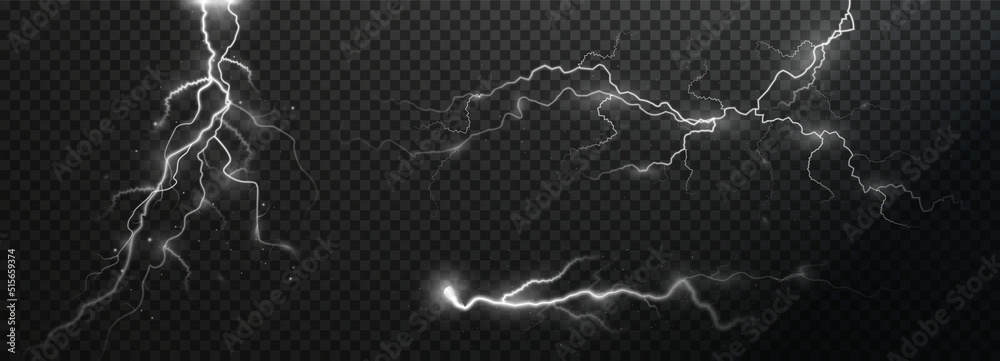 Poster Light white isolated vector lightning png. Magic light abstract lines. Realistic natural lightning effects.