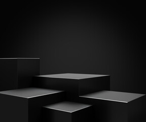 Fototapeta Elegant black cube stand for product placement mockup. Dark podium exhibition scene background. Minimal box platform showroom with spot light. obraz
