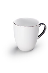 White empty ceramic mug with silver handle, isolated on white