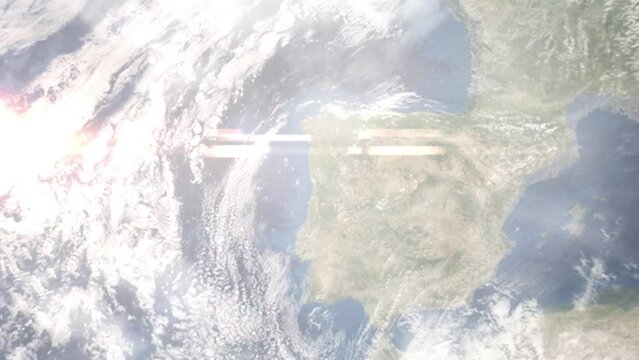 Earth zoom in from outer space to city. Zooming on Paredes, Portugal. The animation continues by zoom out through clouds and atmosphere into space. Images from NASA