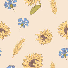 seamless pattern with sunflowers, cornflowers, ears of wheat