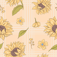 seamless rustic pattern with sunflowers and yellow wildflowers