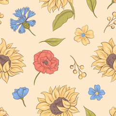 seamless rustic pattern with sunflowers, poppies, cornflowers and other flowers