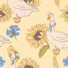 seamless rustic pattern with geese, sunflowers and cornflowers