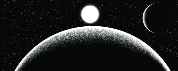 Star and planet in space. Futuristic landscape, with noise texture . Night landscape with starry sky .Vector illustration © miloje