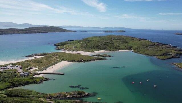 Islands and beaches set in blue sea with crystal clear water Wild Atlantic coast Republic of Ireland drone aerial view
