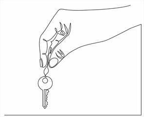 Continuous line drawing. The hand holds the key to the car or apartment. Lines black on white background.