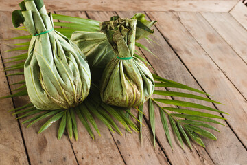 Khmer food takeaway packed in eco-friendly lotus leaves in Siem Reap, Cambodia