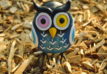A close-up toy of a surprised blue owl with multi-colored eyes stands on sawdust in the light of the evening sun. Photo taken from above