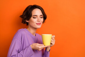 Portrait of charming adorable lady closed eyes smell coffee isolated on orange color background