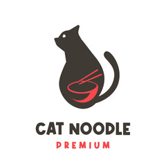 Unique illustration logo combined negative space cat and noodle bowl
