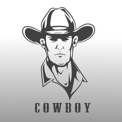 Logo template with the image of the man in hat. Cowboy. vector illustration Mascot.