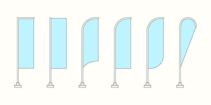 Promotional Flags Vector, Isolated Template Set. Feather Flags of Sail, Blade, Teardrop, Quill and More Forms. Mock Up Collection for Event Design, Advertising and Promo.