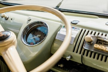 Wheel and speedometer of an old vintage VW bus
