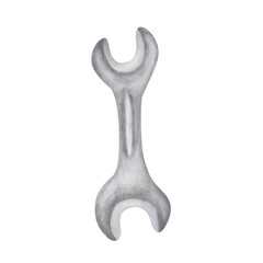 Watercolor illustration of hand painted grey metal wrench, turnscrew tool. Working instrument for man for mechanics, repairs. Isolated on white clip art element for business cards, packaging paper