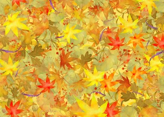 秋の紅葉した葉っぱと木の実の敷き詰められた大胆でオシャレなゴールドベクターフレームイラスト素材
