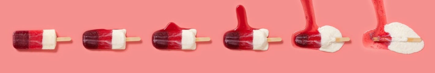 popsicle mixed with grape and lychee and coconut flavors melting process on pink background at top...