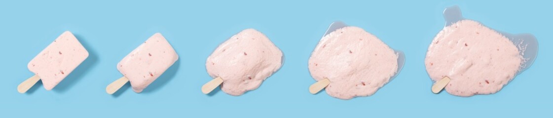 strawberry flavor popsicle at pink color melting process at a blue background