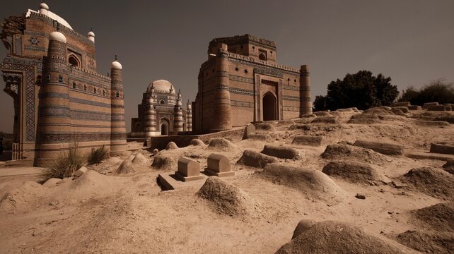 Low angle shot of the tomb of Bibi Jawindi in Uch Sharif, Punjab, Pakistan