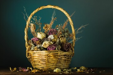 Closeup of dried flowers in the basket against the dark green background. - Powered by Adobe