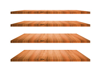 A collection of four wooden shelves on a white background that separates the objects. for a product display montage.