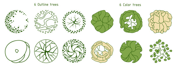 Tree for architectural floor plans. Entourage design. Various trees, bushes, and shrubs, top view for the landscape design plan. Vector illustration.