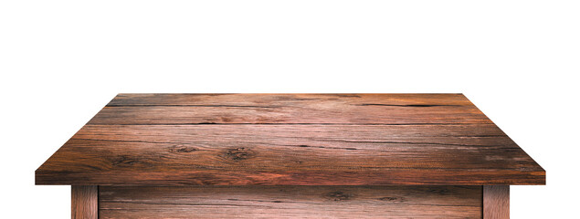 wooden table top isolated on white background, old empty wooden table top, Use display or montage your product