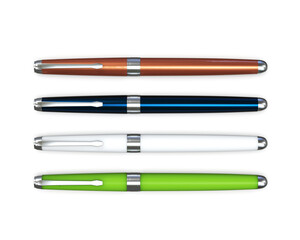 Ballpoint pens in four colors on a white background.