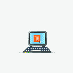laptop with shop button in pixel art style