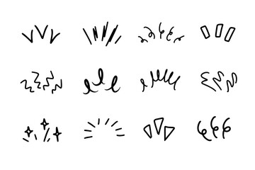 Drawings doodle set illustrations of lines showing concentrated lines, awareness, inspiration, sunburst, sun rays, surprises, etc.