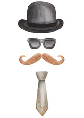 Watercolor illustration of hand painted black bowler gentleman hat, neck tie, moustaches, sunglasses. Man silhouette. Isolated male clip art for greeting postcards, business cards. Father's Day