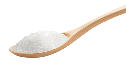 heap of sugar with distinguishable crystals in a wooden spoon isolated on white.