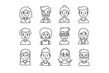 Fototapeta premium Faces outline doodle people set. Human Avatars Collection. Drawing Old and young age.