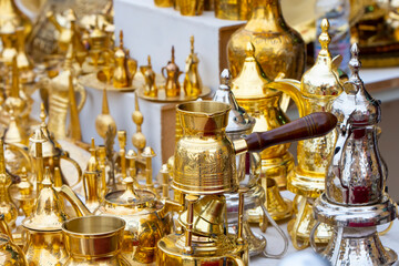 Fototapeta na wymiar Traditional copper utensils of Arabian coffee in Saudi Arabia
