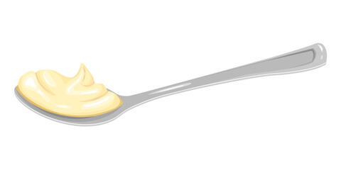 Cartoon silver spoon with mayonnaise, cream or cheese cream side view. Vector clipart isolated on a white background for a banners, apps with kitchen theme, menu and more.