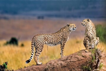 Beautiful shot of two cheetahs standing on a rock against a field of dried grass
