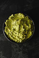 Beetroot hummus and spinach hummus. Vegan recipes, plant-based dishes. Homemade healthy organic food. Vegetarian cuisine. Top view 