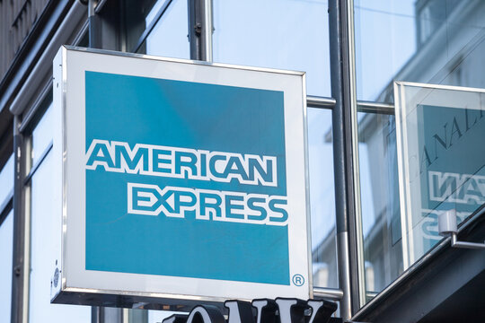 VIENNA, AUSTRIA - NOVEMBER 6, 2019: American Express logo in front of their office for Vienna. American Express, or Amex, is a US based financial service company known for debit and credit pay cards