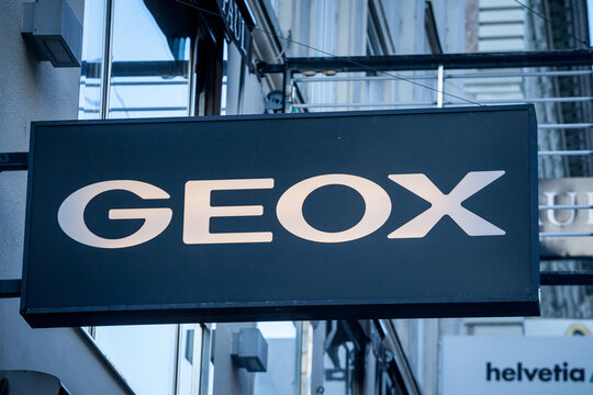 VIENNA, AUSTRIA - NOVEMBER 6, 2019: Geox logo in front of their local store in Vienna. Geox is an Italian shoe manufacturer specialized in waterproof and breathable shoewear