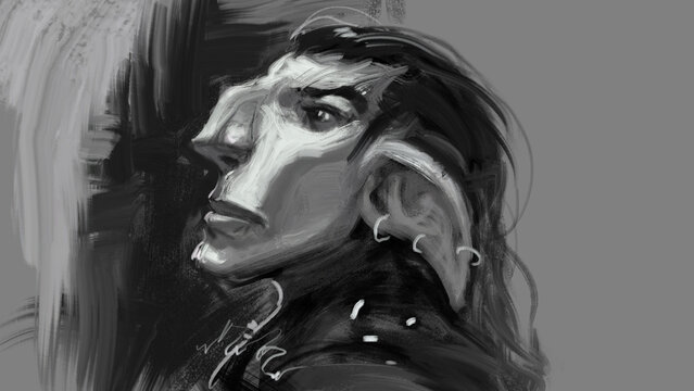 Digital painting of a goblin creature portrait in black and white monochrome - fantasy illustration