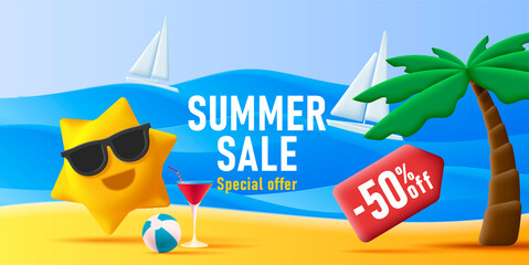 Web banner for summer sale with sun and palm, sea with yachts and beach. Vector illustration