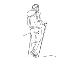 Continuous line of traveling person with backpacks.